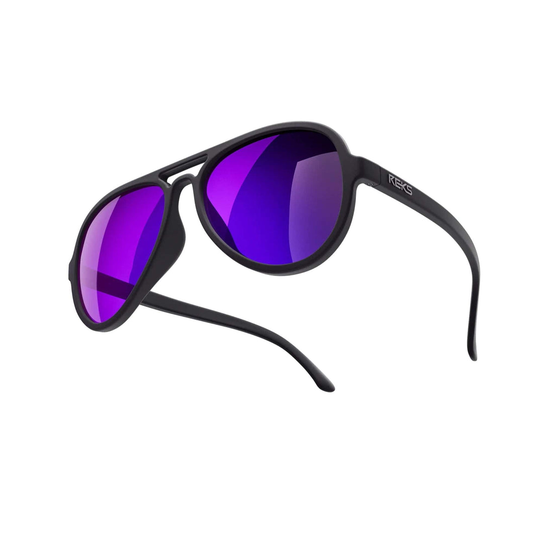 REKS® aviator sunglasses with black and red mirror polycarbonate lenses, featuring a classic aviator frame and metal accents.