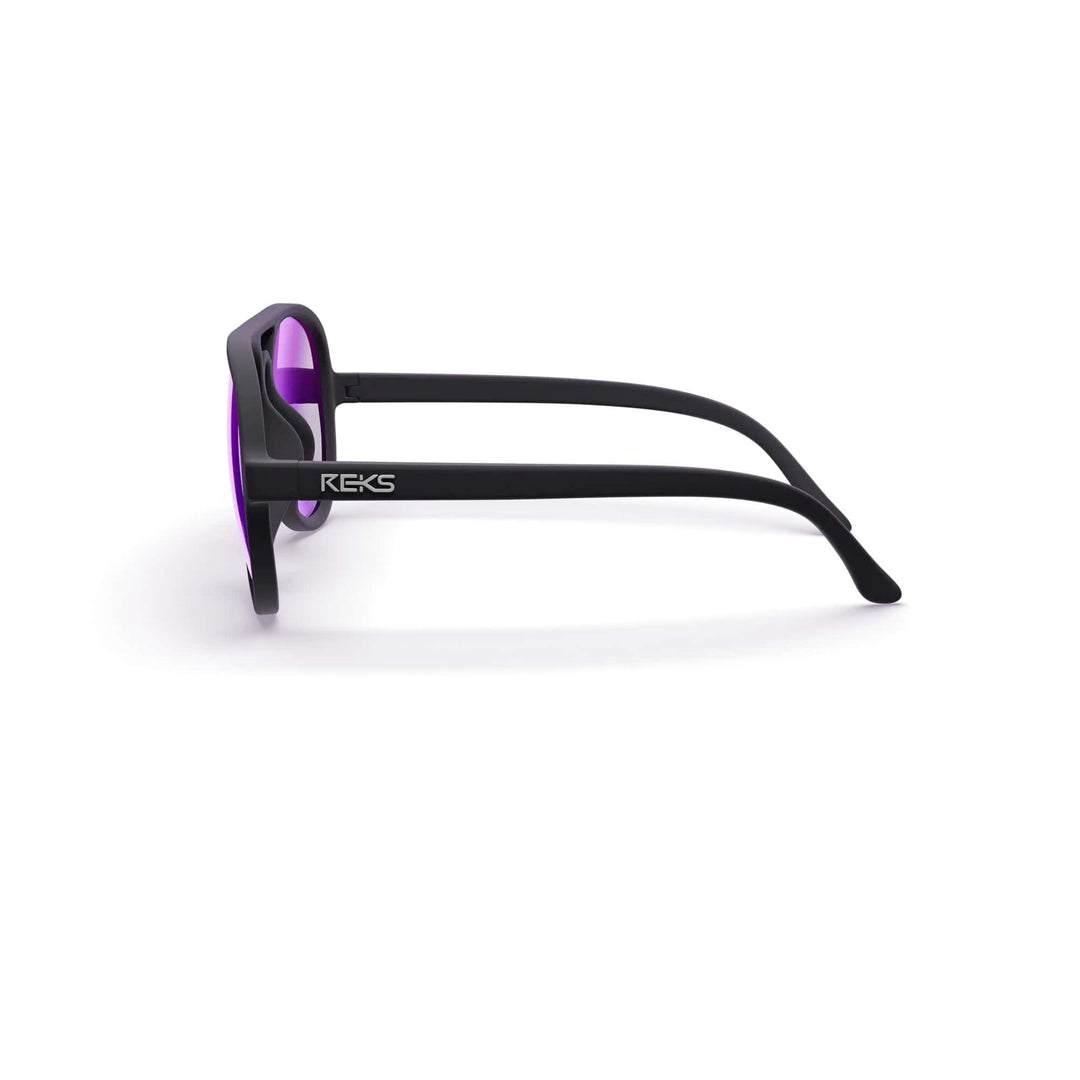 REKS® aviator polycarbonate sunglasses with black frames and red mirrored lenses, stylish and durable for sunny days.