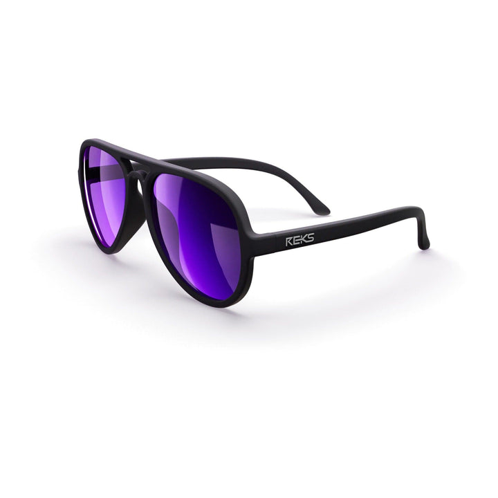 REKS® aviator sunglasses with black frames and red mirrored polycarbonate lenses, stylish and protective eyewear.