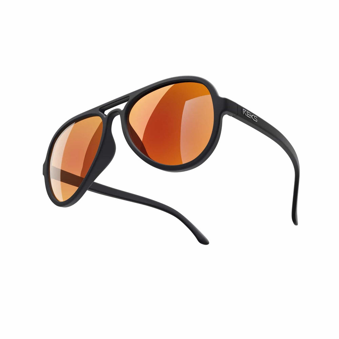 REKS® aviator polycarbonate sunglasses with black frame and red mirror lenses, stylish and durable for outdoor wear