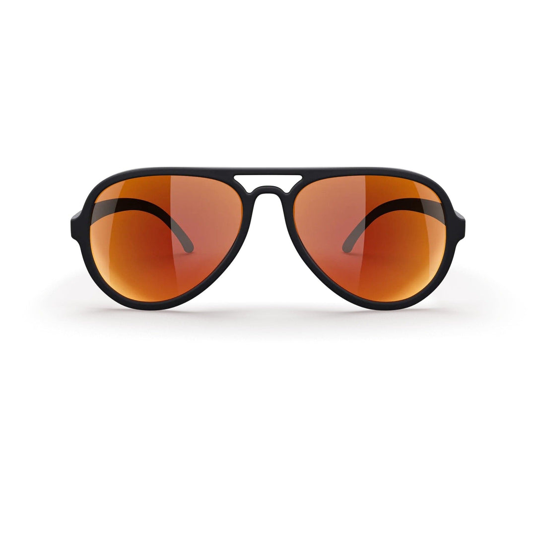 REKS® aviator polycarbonate sunglasses with black frames and red mirror lenses, featuring classic aviator style and durable construction.
