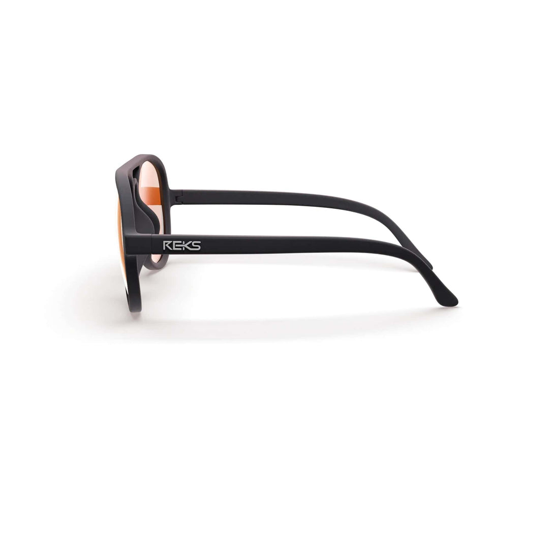 REKS® aviator sunglasses with black frames and red mirror polycarbonate lenses, stylish and durable for outdoor wear.