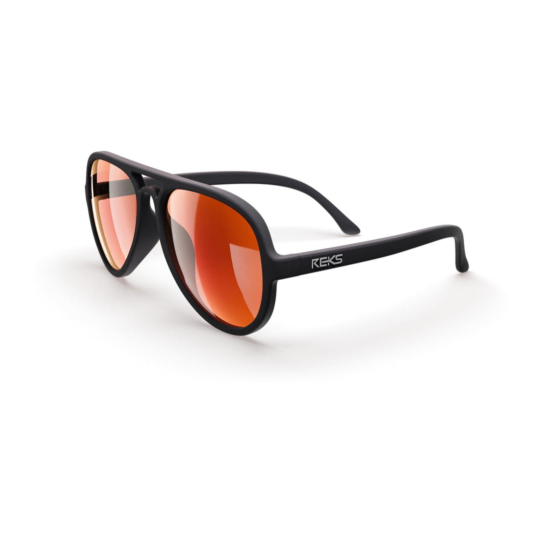 REKS® aviator polycarbonate sunglasses with black frames and red mirror lenses, stylish and durable for sunny days