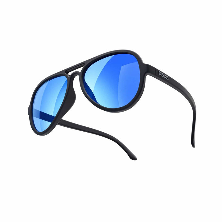 REKS® aviator sunglasses with black and red mirror polycarbonate lenses and sleek black frame.