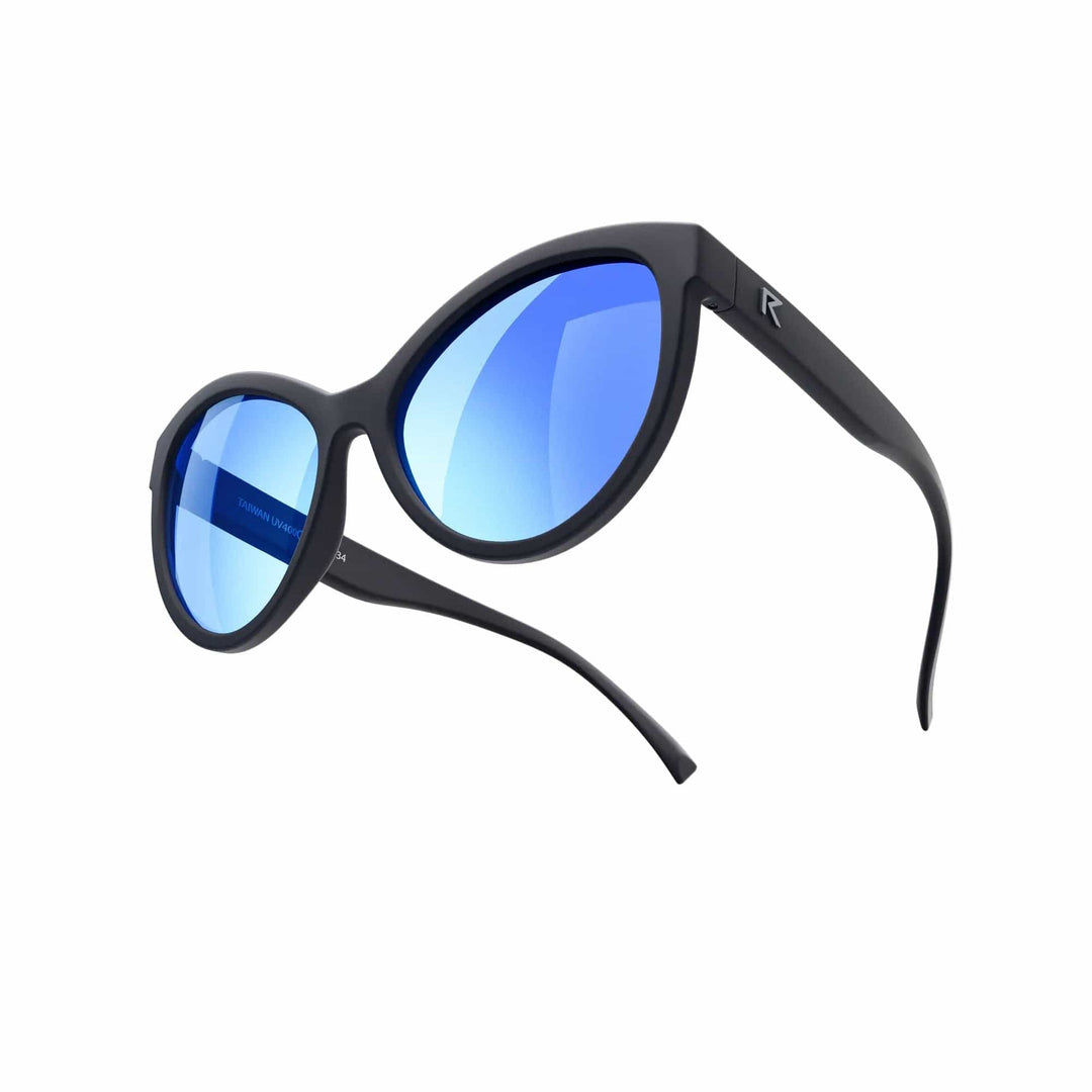 REKS® cat eye polarized sunglasses with silver mirror lenses, made of durable polycarbonate, stylish and protective for outdoor wear.