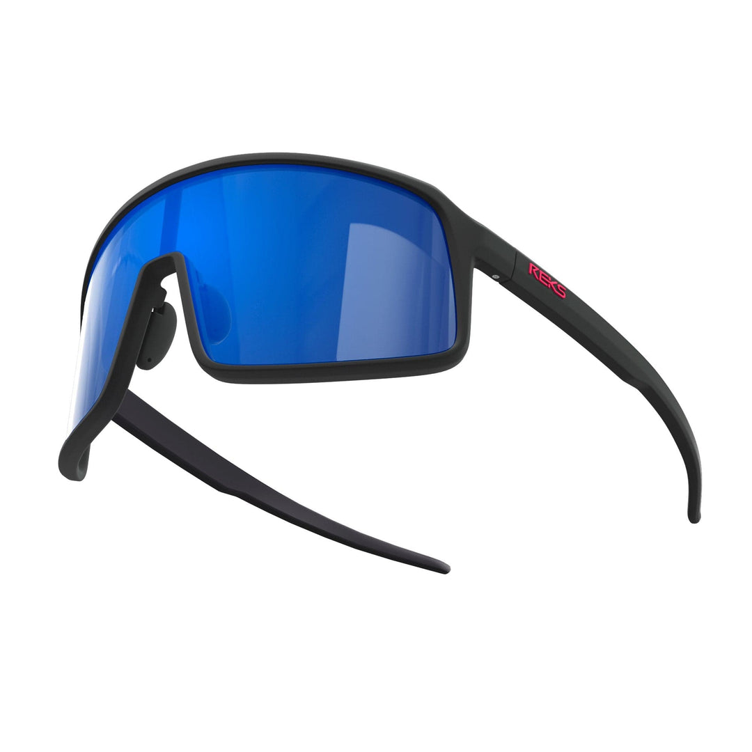 REKS® K-Shield contrast polarized sunglasses in black with custom blue lenses, featuring sleek design and polarized lens technology.