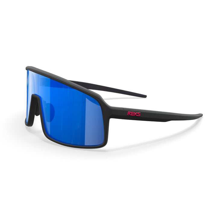 REKS® K-Shield contrast polarized sunglasses in black with blue accents, featuring sleek frames and tinted lenses.