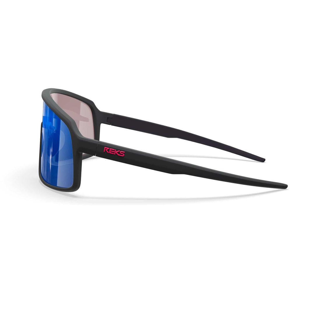 REKS® K-Shield contrast polarized sunglasses in black with blue accents, featuring sleek design and polarized lenses.