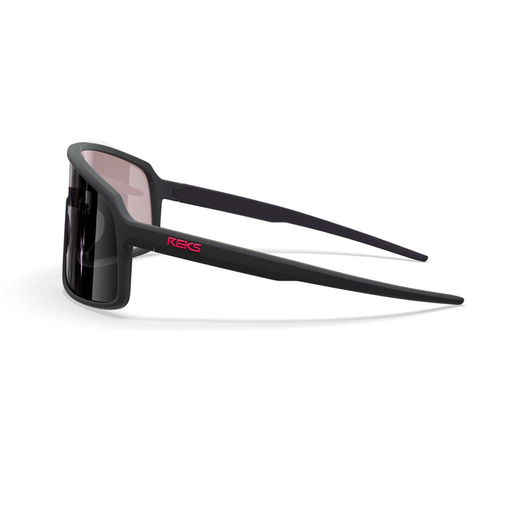 REKS® K-Shield contrast polarized sunglasses with black frames, showing the left side and tinted lenses.