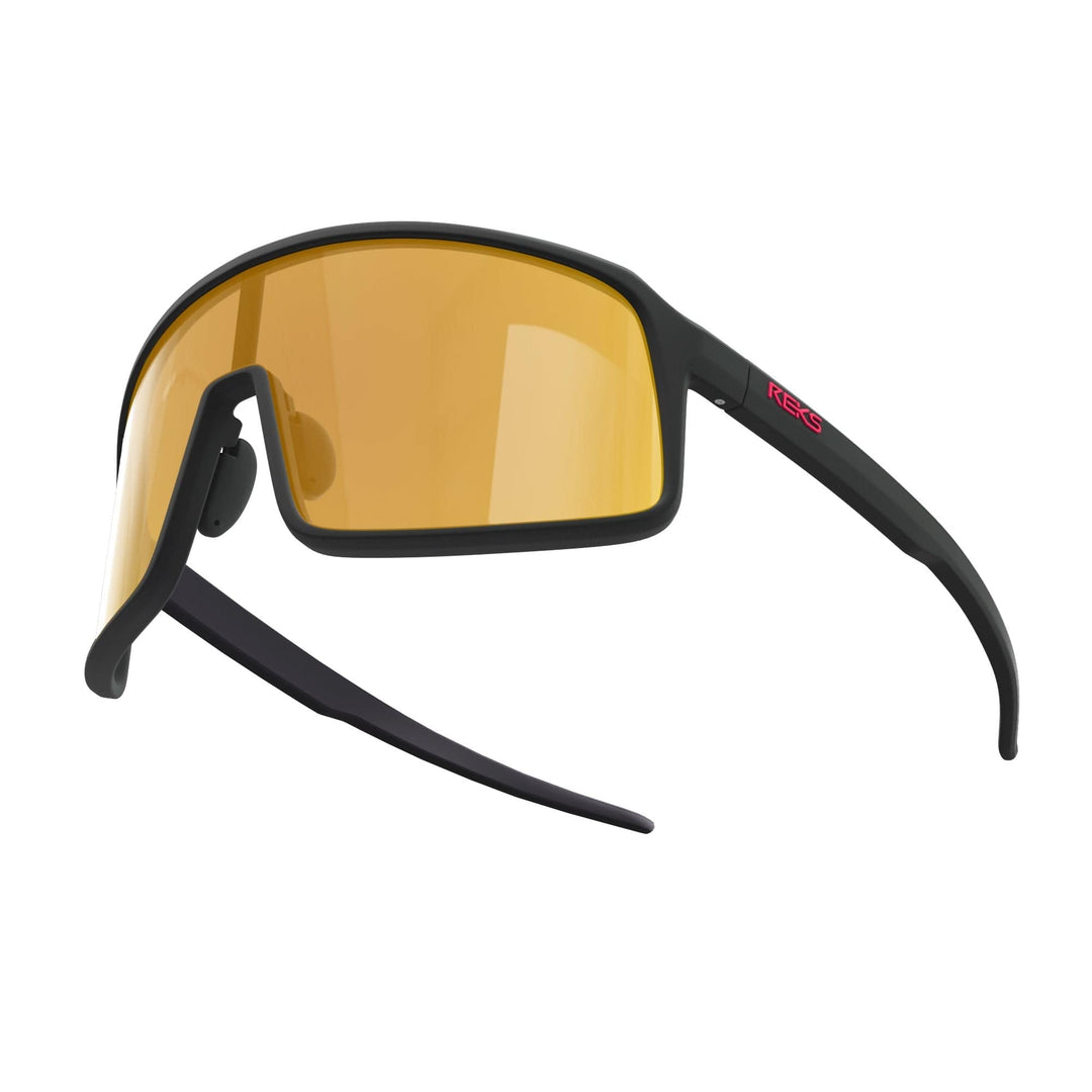 REKS K-Shield contrast polarized sunglasses in black with bronze accents, featuring sleek, modern design and tinted lenses.