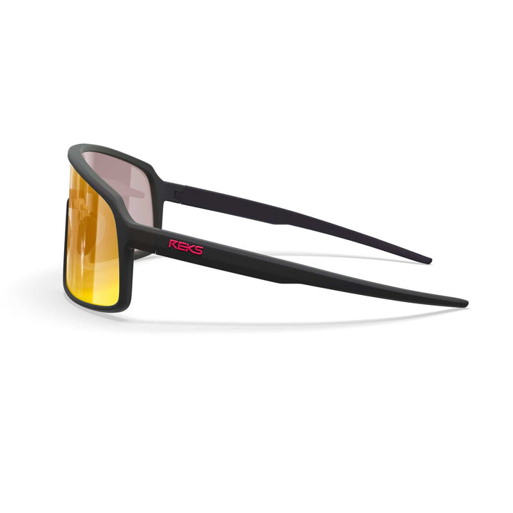 REKS® K-Shield contrast polarized sunglasses in black with bronze lenses, showing a sleek frame and tinted lenses.