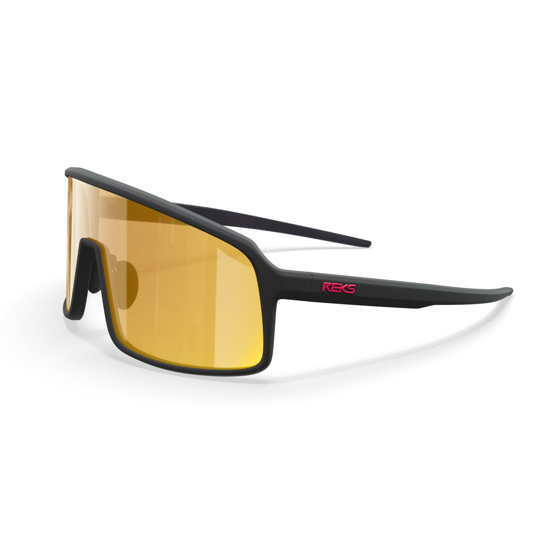 REKS® K-Shield contrast polarized sunglasses in black with bronze lenses, showcasing sleek design and polarized lens detail.