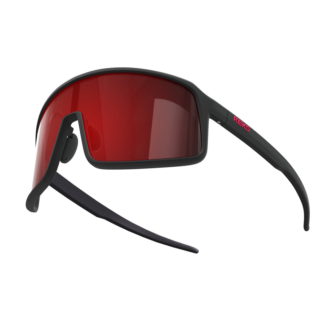 REKS® K-Shield contrast polarized sunglasses in black with red accents, featuring sleek frames and polarized lenses for UV protection.