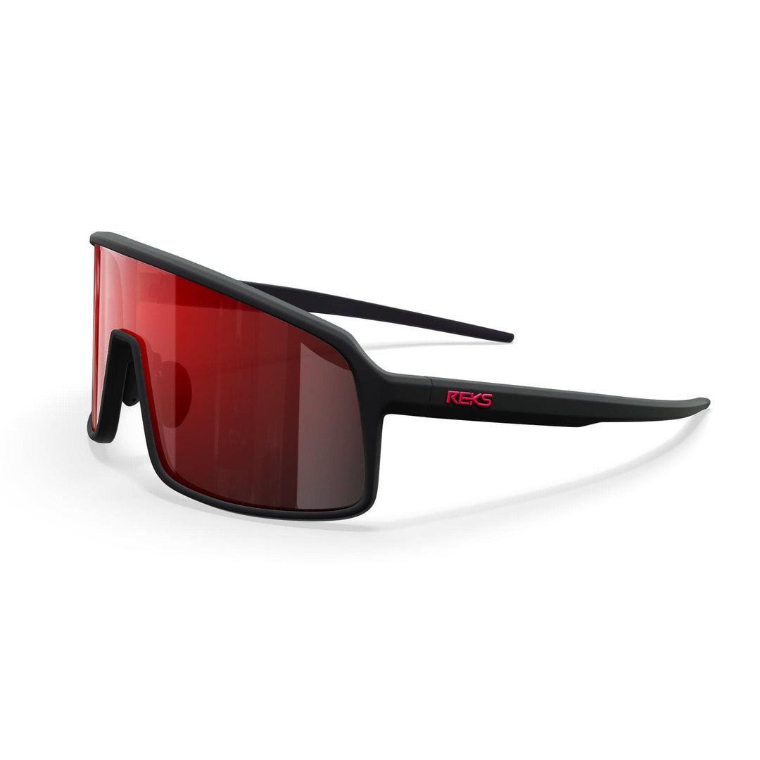 REKS® K-Shield contrast polarized sunglasses in black with red accents, showcasing sleek design and polarized lenses.