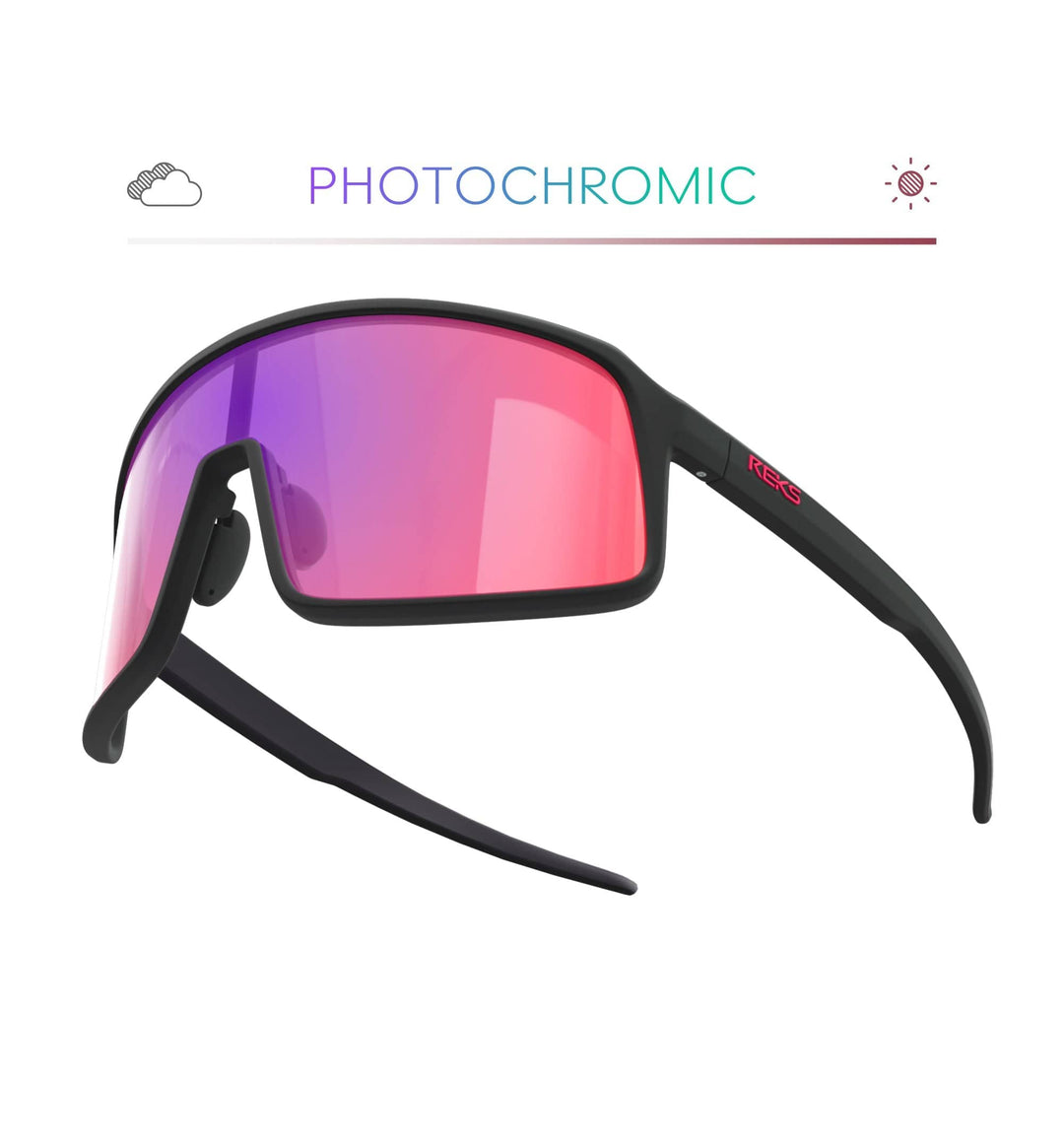 REKS® K-Shield contrast photochromic sunglasses in black with tinted lenses, designed for adaptive sun protection and stylish wear.
