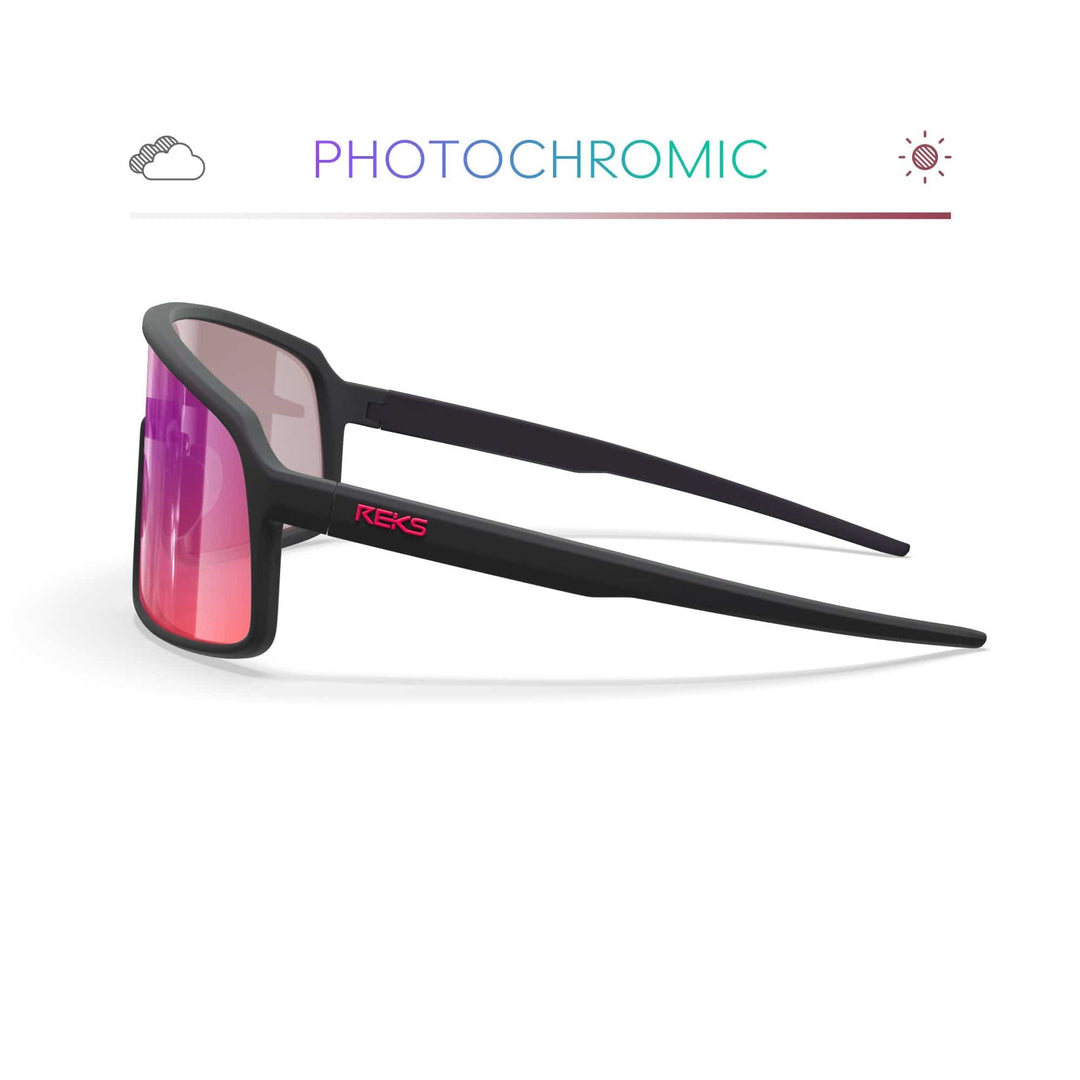 REKS® K-Shield Kontrast Photochromic sunglasses in black, showing the left side with tinted lenses and sleek frame design.