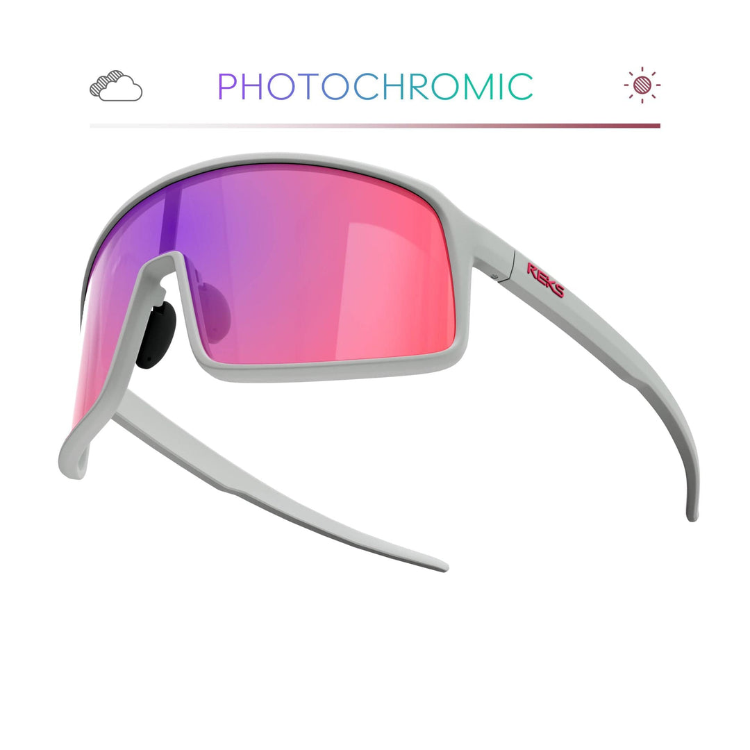 REKS® White K-Shield Kontrast Photochromic Sunglasses with white frame and adaptive lenses for versatile sun protection.