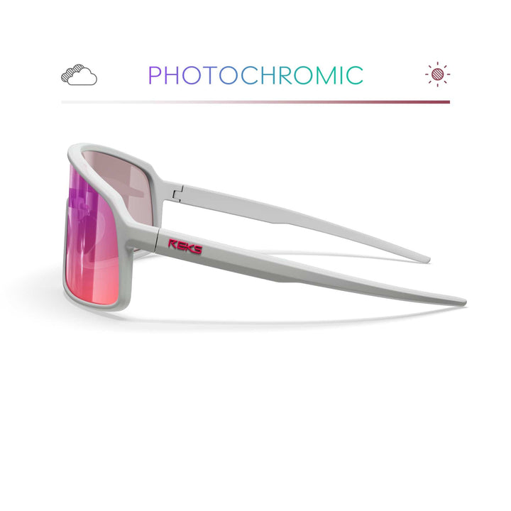 White K-Shield Kontrast Photochromic Sunglasses by REKS® with white frames and contrast lenses, designed for versatile sun protection.