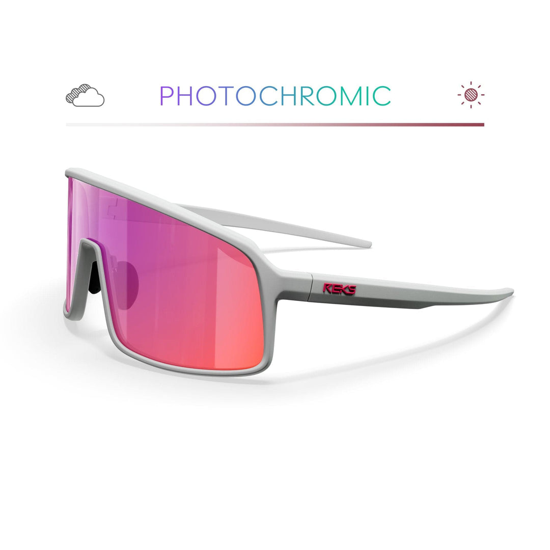 REKS® White K-Shield contrast photochromic sunglasses with white frames and tinted lenses for versatile sun protection.