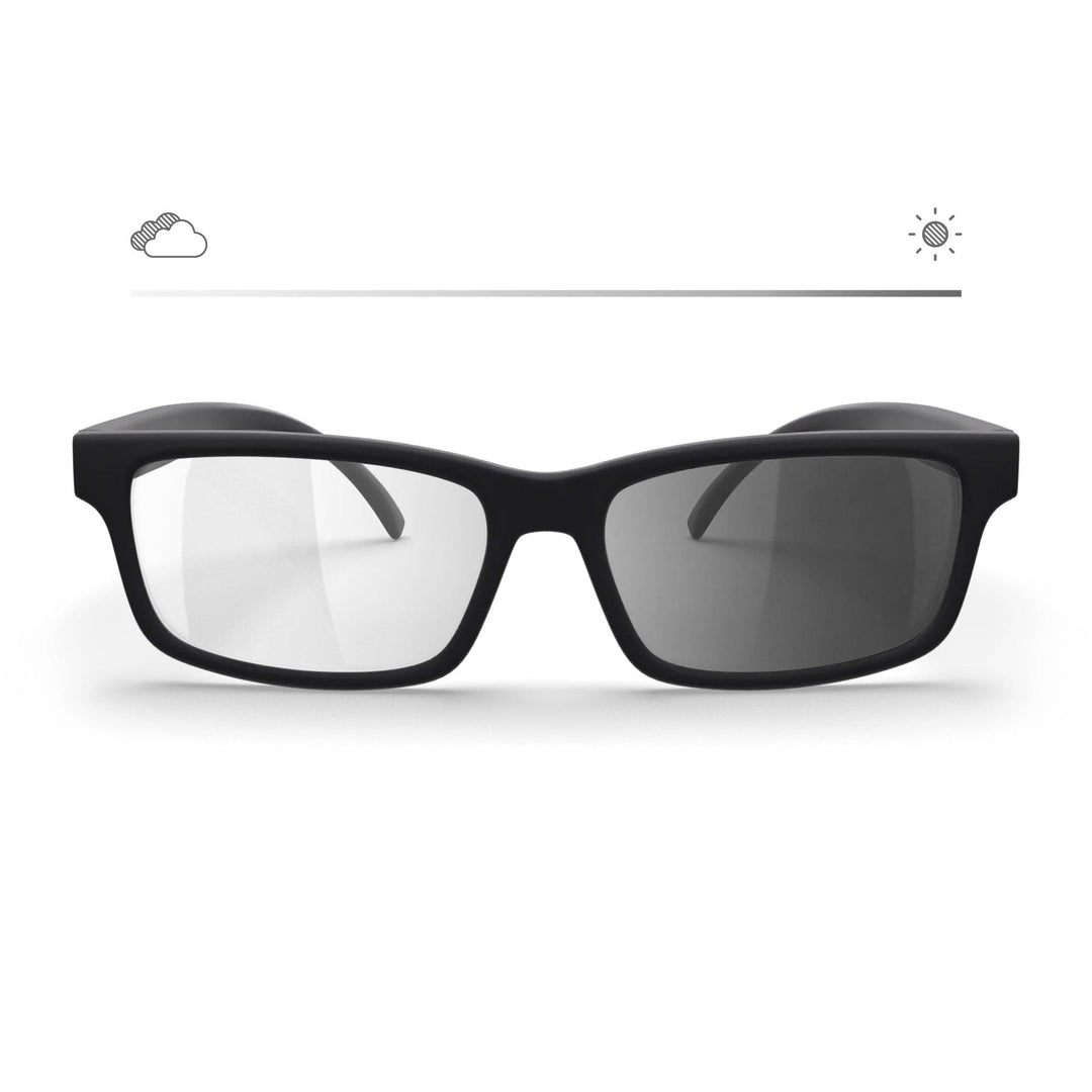 Rectangle REKS® Transitions XTRActive polarized prescription sunglasses with black and grey tint, front view showing transition lenses.