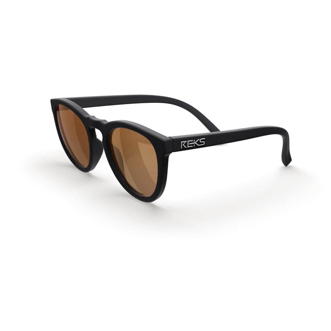 REKS® round polarized polycarbonate sunglasses with rose-amber lenses, stylish and protective eyewear for sunny days.