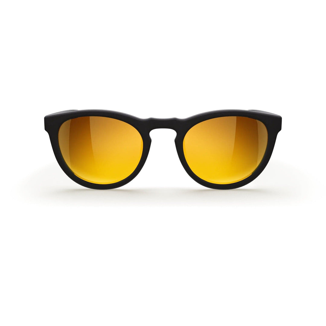 Round REKS polarized polycarbonate sunglasses with rose amber lenses, stylish and protective eye wear for sun protection.