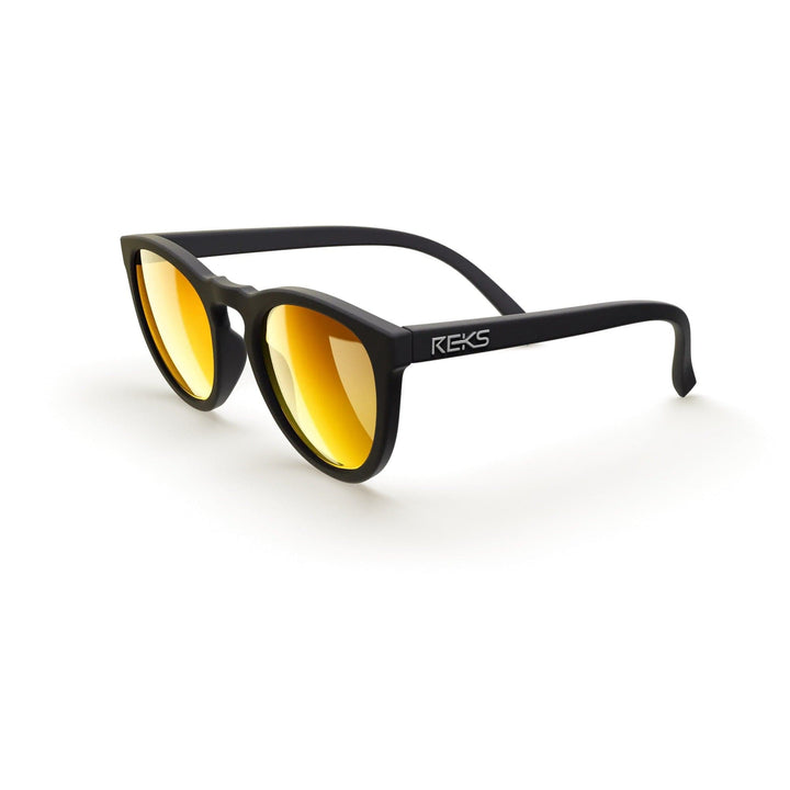 REKS® round polarized polycarbonate sunglasses with rose-amber tinted lenses and a stylish round frame.