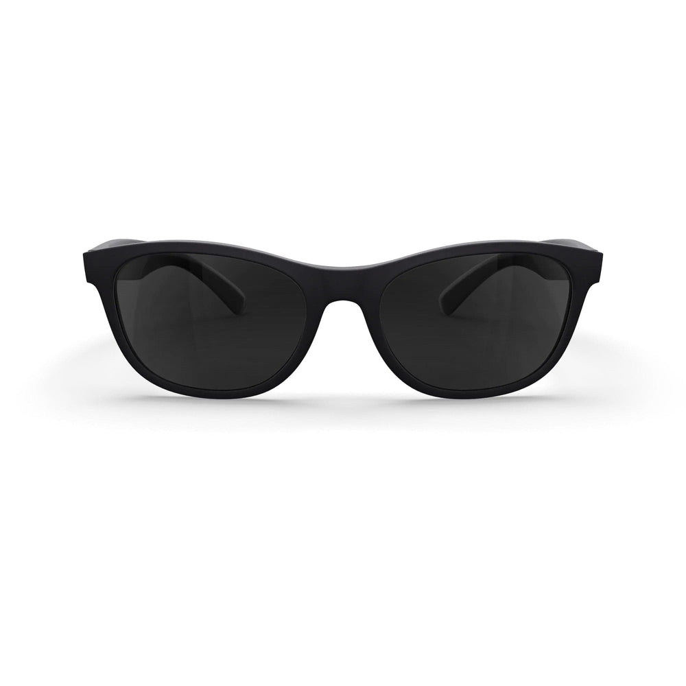 REKS Seafarer polarized prescription sunglasses with black polycarbonate frame and smoked tinted lenses, front view.