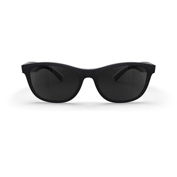 REKS Seafarer polarized prescription sunglasses with black polycarbonate frame and smoked tinted lenses, front view.