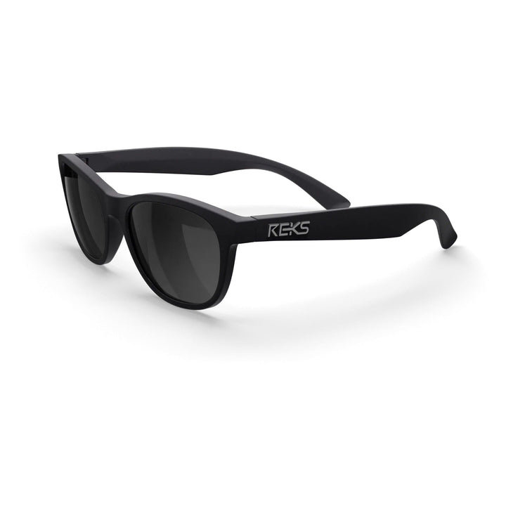 REKS Seafarer polarized prescription sunglasses with black polycarbonate frame and smoke tinted lenses, three-quarter view.
