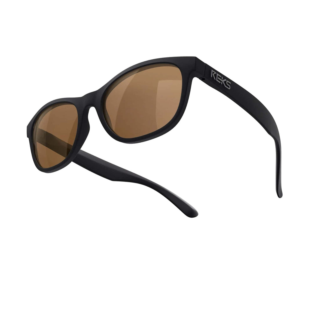 REKS Seafarer polarized polycarbonate prescription sunglasses with black frame and brown tint lenses, viewed from multiple angles