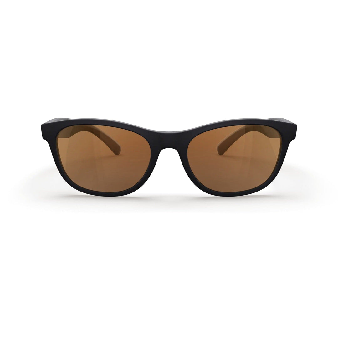 REKS® Seafarer polarized prescription sunglasses with black frames and brown tinted lenses, front view showing stylish design