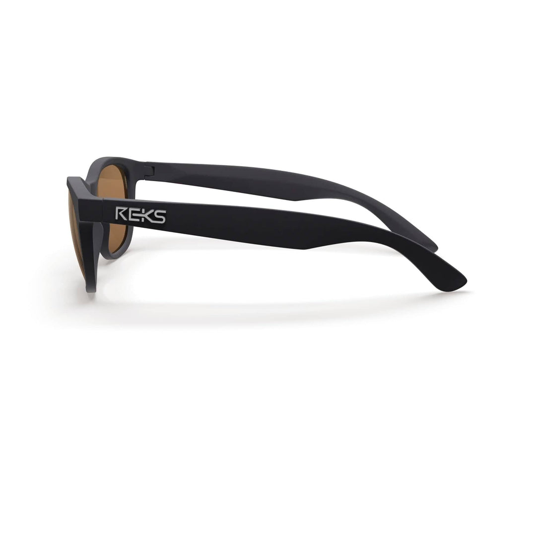 REKS® Seafarer polarized polycarbonate prescription sunglasses with black frames and brown tinted lenses, side view image.
