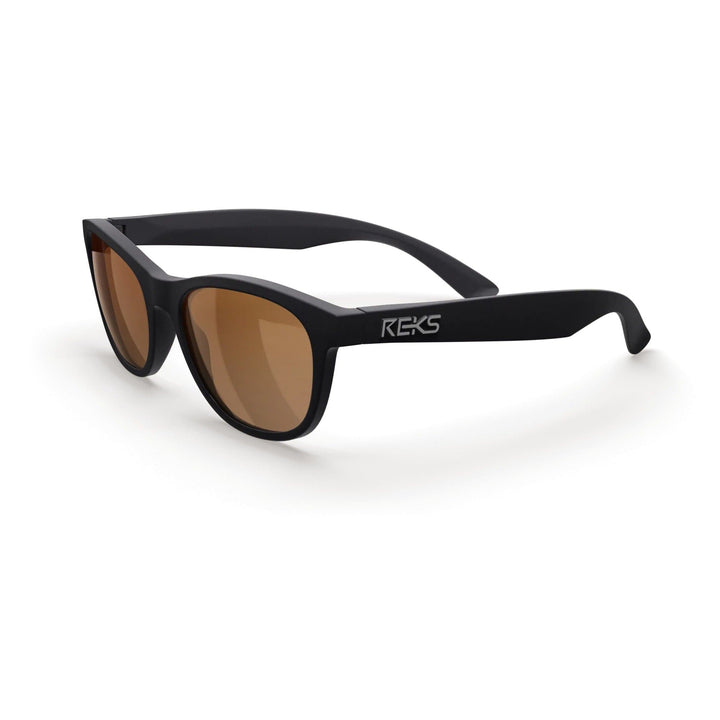 Seafarer polarized polycarbonate prescription sunglasses by REKS® in black with brown tinted lenses, three-quarters view.