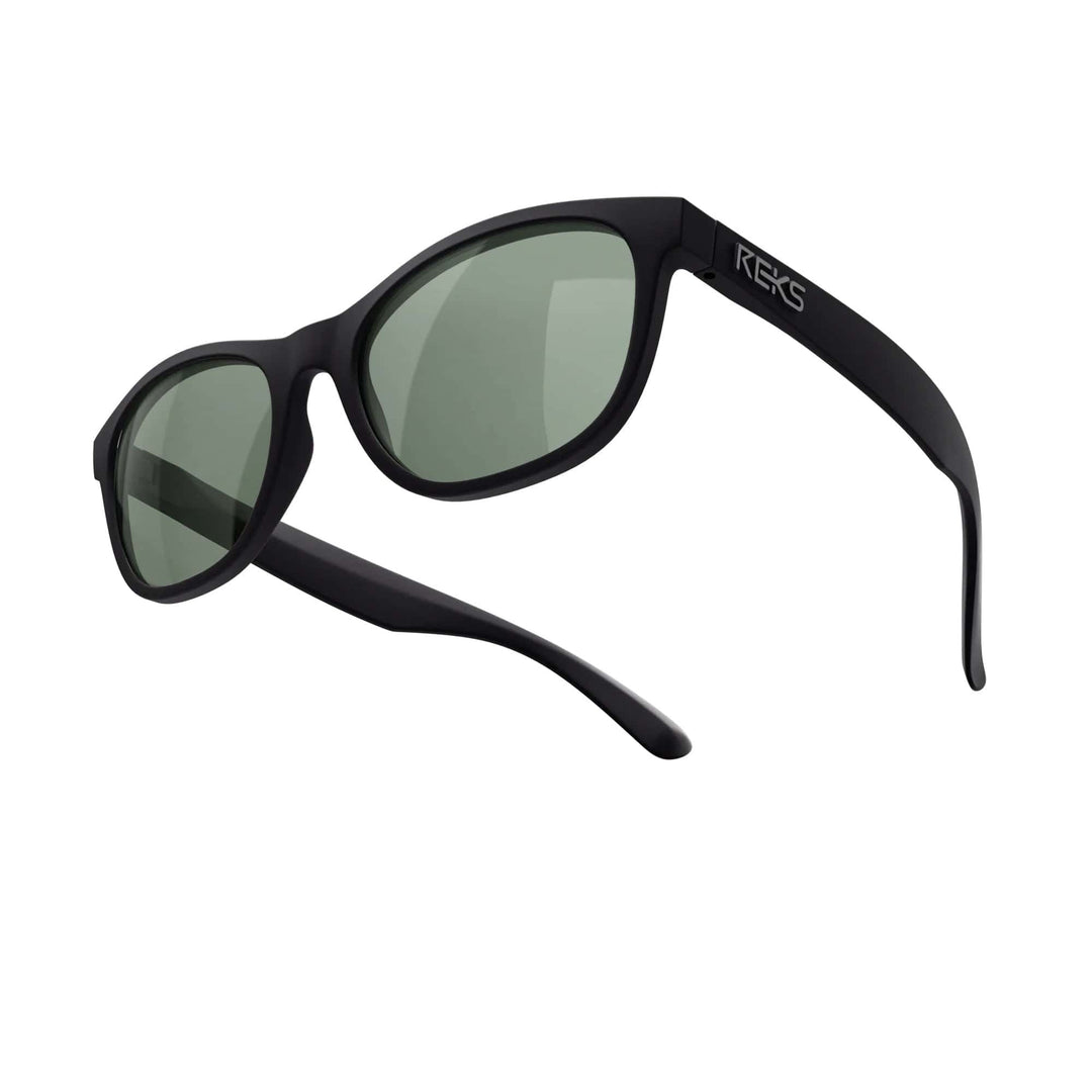 REKS® Seafarer polarized prescription sunglasses with black frames and green-tinted polycarbonate lenses, shown from multiple angles.