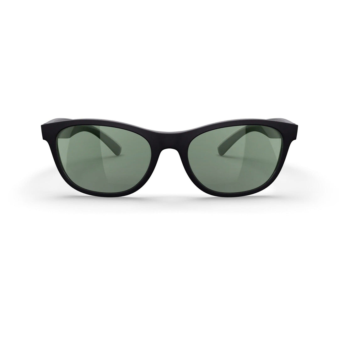 REKS® Seafarer polarized prescription sunglasses with black polycarbonate frame and green tinted lenses, front view.