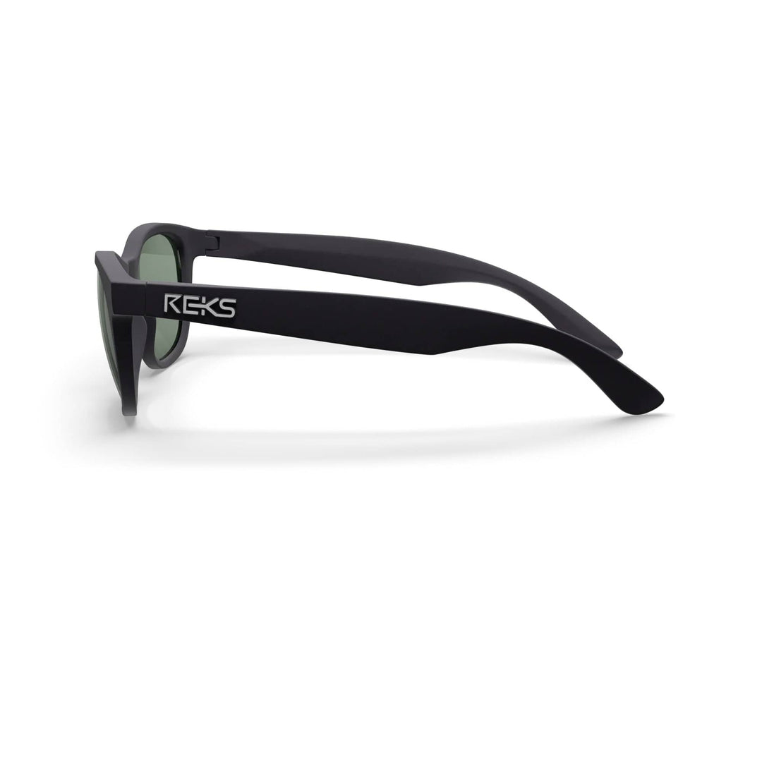 REKS® Seafarer polarized polycarbonate prescription sunglasses with black frame and green tinted lenses, side view.