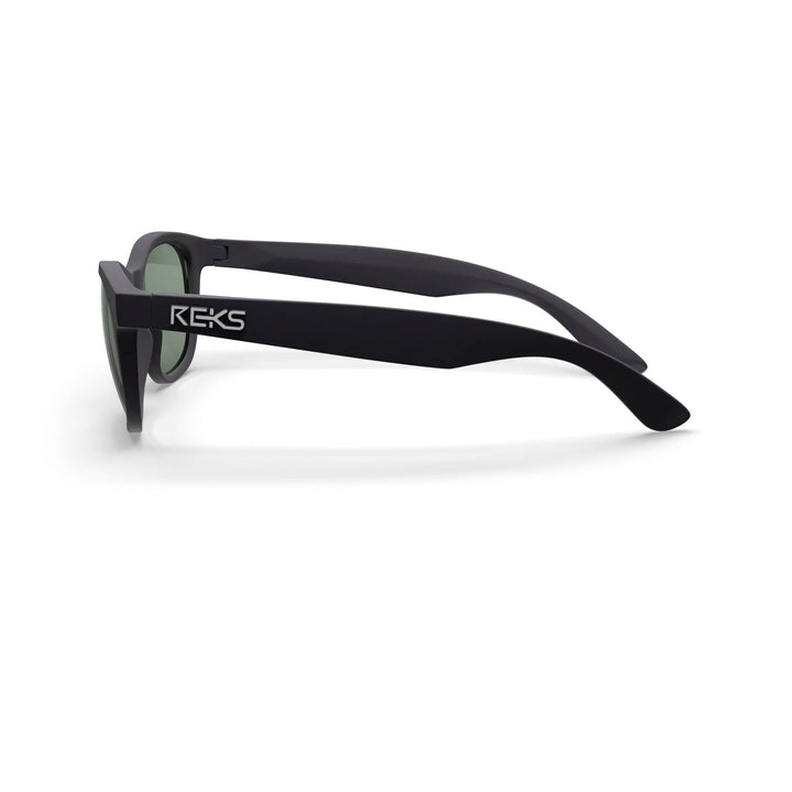 REKS® Seafarer polarized polycarbonate prescription sunglasses with black frame and green tinted lenses, side view.