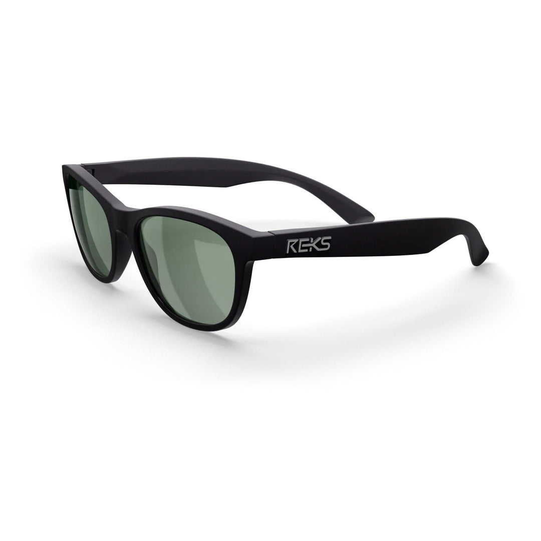 REKS Seafarer polarized polycarbonate prescription sunglasses in black with green tint, shown in three-quarter view.