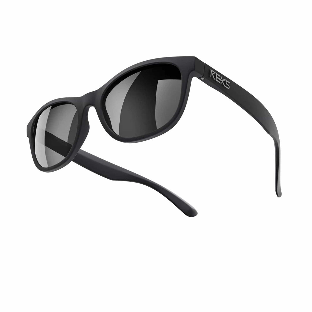 REKS® Seafarer polarized prescription sunglasses with black polycarbonate frame and mirrored lenses, designed for outdoor protection.