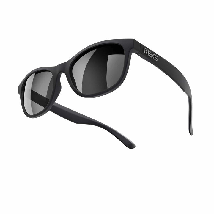 REKS® Seafarer polarized prescription sunglasses with black polycarbonate frame and mirrored lenses, designed for outdoor protection.