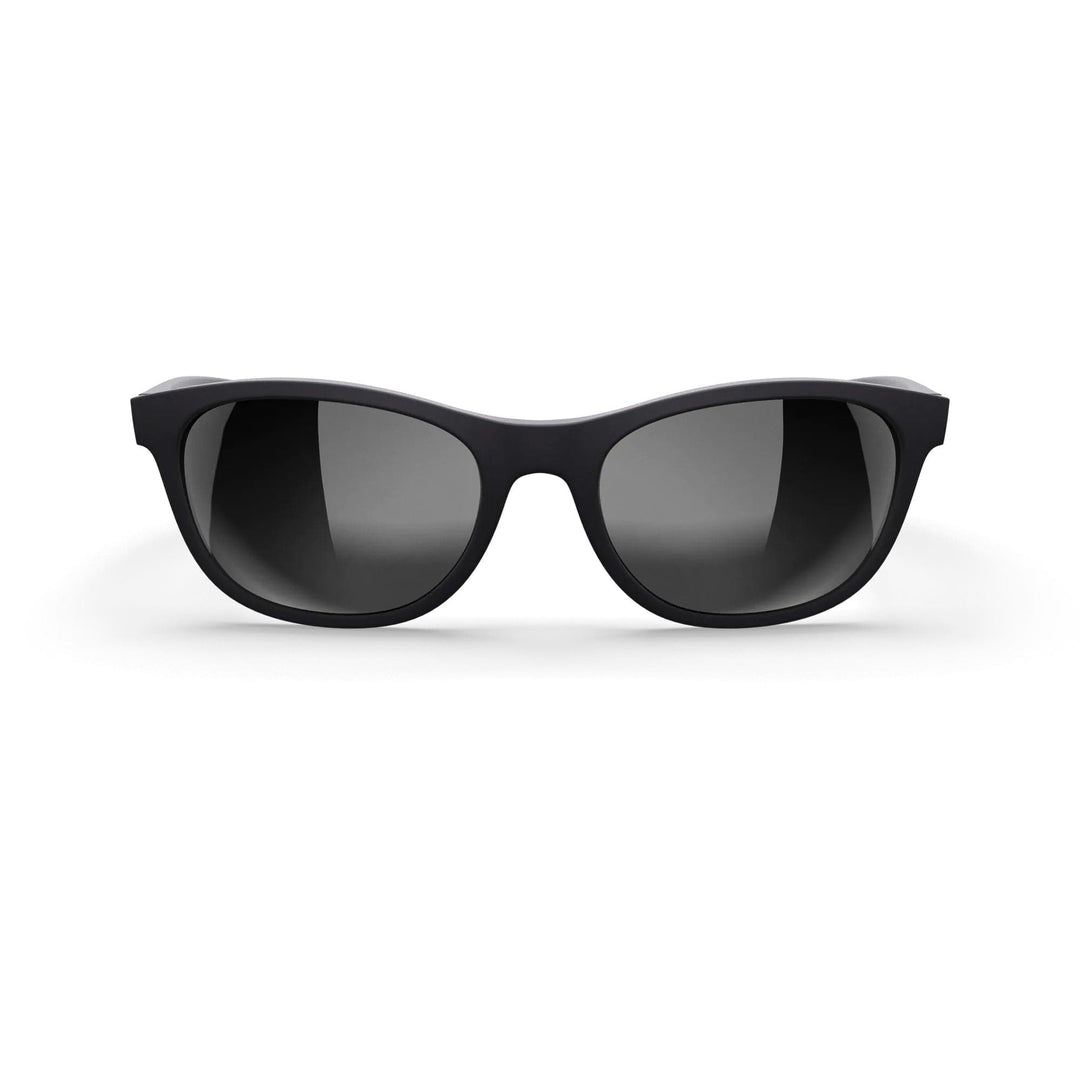 Seafarer polarized polycarbonate prescription sunglasses by REKS® with black frame and mirrored lenses, front view.