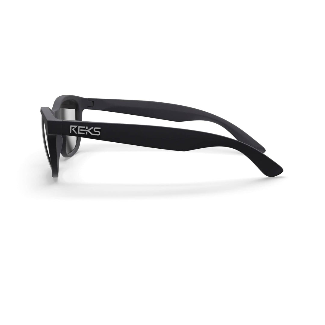 Seafarer polarized polycarbonate prescription sunglasses by REKS® in black with mirrored lenses, side view showing sleek design.