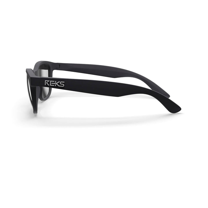 Seafarer polarized polycarbonate prescription sunglasses by REKS® in black with mirrored lenses, side view showing sleek design.