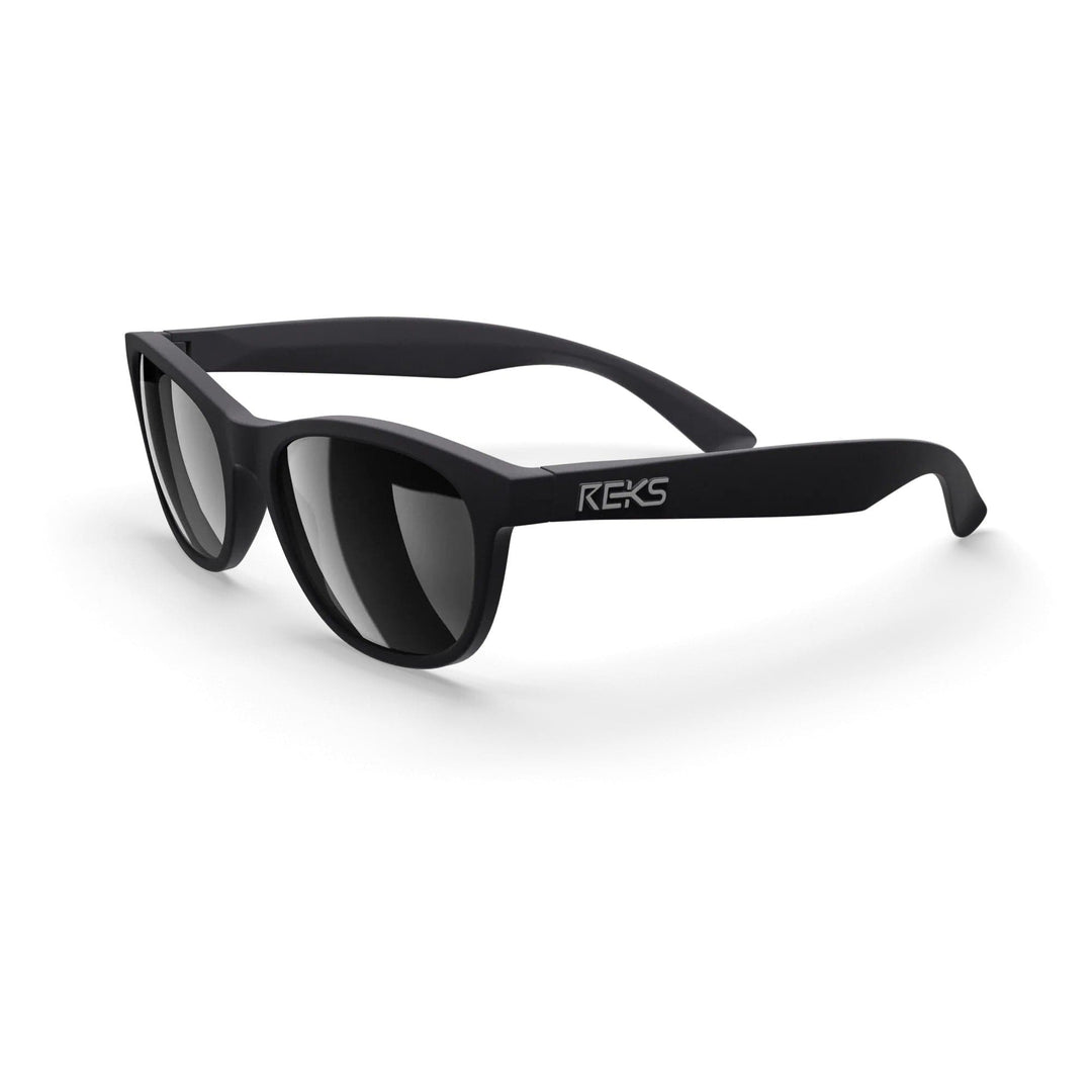 REKS Seafarer polarized polycarbonate prescription sunglasses in black with mirror lenses, three-quarters view showing stylish design.
