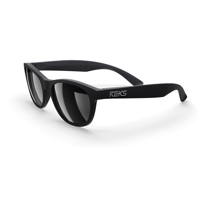 REKS Seafarer polarized polycarbonate prescription sunglasses in black with mirror lenses, three-quarters view showing stylish design.
