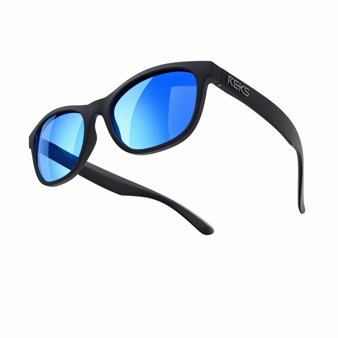 REKS Seafarer polarized polycarbonate prescription sunglasses with black frame and cobalt mirror lenses, designed for outdoor wear.