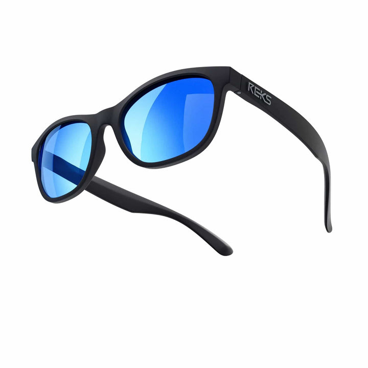 REKS Seafarer polarized polycarbonate prescription sunglasses with black frame and cobalt mirror lenses, designed for outdoor wear.