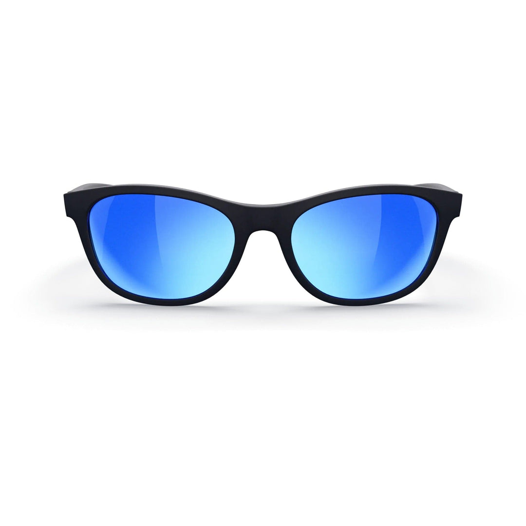 REKS® Seafarer polarized polycarbonate prescription sunglasses with black frames and cobalt mirror lenses, front view.