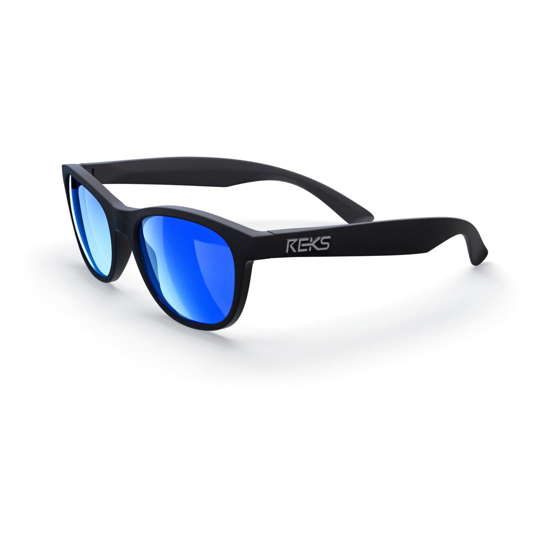 REKS® Seafarer polarized polycarbonate prescription sunglasses in black with cobalt mirror finish, three-quarter view.